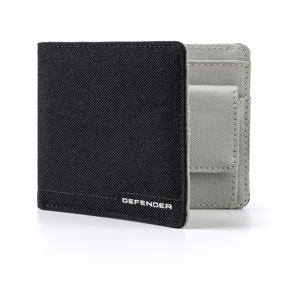 Black and Grey Textured Nylon Wallet with Defender Wordmark and Chamfering Stitch Detail  - Image 1 of 9
